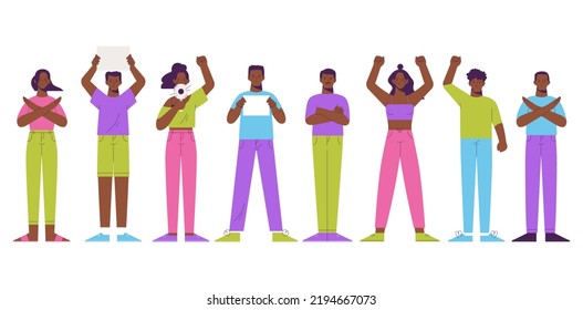 Protest for human's rights concept. Group of people stand with fists up. Raising voice with megaphone and banner. Flat vector illustration isolated on white background