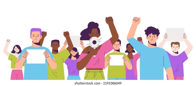 Protest for human's rights concept. Group of people stand with fists up. Raising voice with megaphone and banner. Flat vector illustration isolated on white background