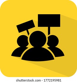 Protest icon. Boycott rally sign. Opposition people figure with banners. Objection party. Flat color shadow illustration. Yellow black vector. Product brand service label display. App iconography.