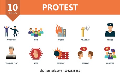 Protest Icon Set. Contains Editable Icons Protest Theme Such As Mob, Tear Gas, Prisoner And More.