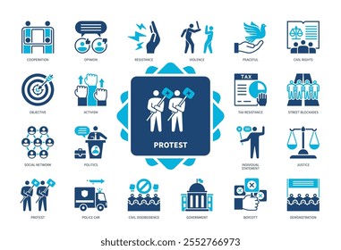 Protest icon set. Demonstration, Civil Disobedience, Violence, Civil Rights, Resistance, Activism, Peaceful, Justice. Duotone color solid icons