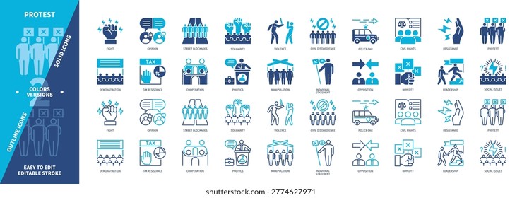 Protest icon set. Demonstration, Civil Disobedience, Violence, Civil Rights, Resistance, Fight, Opposition, Solidarity. Duotone color solid and editable outline icons