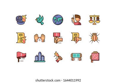 conjunto de iconos de protesta sobre fondo blanco, estilo de relleno colorido, diseño de ilustración vectorial