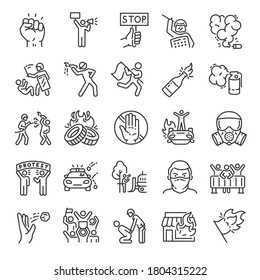 Protest, Icon Set. Strike, Riot In The Street, People Make Riots In The Street, Linear Icons. Fight With The Police, Resist. Line With Editable Stroke