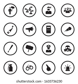 Protest Icons. Black Flat Design In Circle. Vector Illustration.