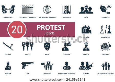 Protest icons set. Creative icons: arrested, boundary barrier, prohibited weapon, prisoner, mob, tear gas, arson, confront and more