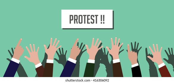 protest illustration people crowd with hands raised up with placard vector