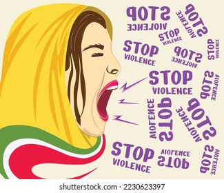 protest iranian women illustration design and shouts stop violence