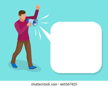 Protest Isometric male with megaphone on demonstration. Demonstration, protest, strike concept.  Vector illustration Isolated on blue background. 