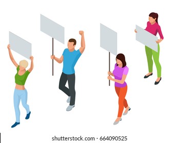 Protest Isometric People with placard and megaphones on demonstration. Demonstration, protest, strike concept. 