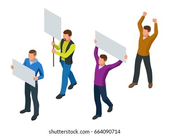 Protest Isometric People with placard and megaphones on demonstration. Demonstration, protest, strike concept. 