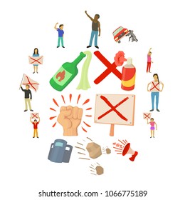 Protest items icons set. Cartoon illustration of 16 protest items vector icons for web