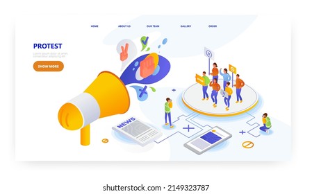 Protest, landing page design, website banner vector template. Demonstration, picket, political meeting, strike.