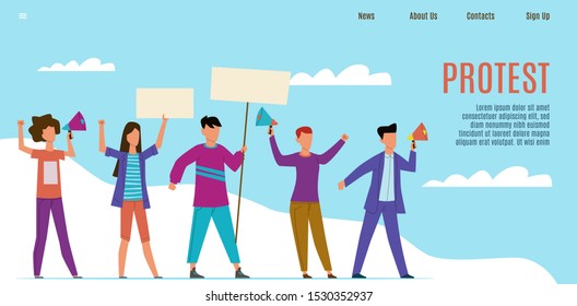 Protest landing page. Protesting activists with loudspeakers, people with placards. Human rights and working strike vector executive announcements web design