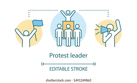 Protest leader concept icon. Public demonstration, social strike idea thin line illustration. Activist holding flag, crowd and protester with megaphone vector isolated outline drawing. Editable stroke