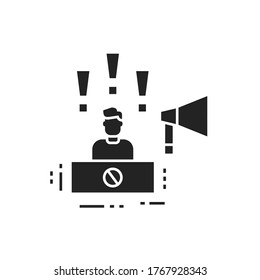 Protest leader glyph black icon. Speaker promotes social protest. Public speaking. Manifestations of civil unrest. Pictogram for web page, mobile app, promo.