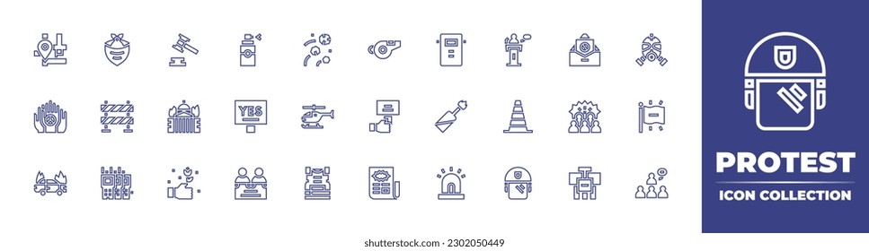 Protest line icon collection. Editable stroke. Vector illustration. Containing pin, bandana, mallet, spray, stones, whistle, police shield, speech, prohibition, gas mask, protest, road barrier, town.