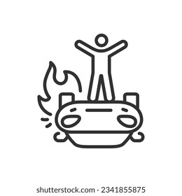 Protest, linear icon, demonstration, man on overturned car. Line with editable stroke