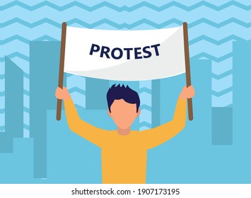 Protest man with banner at city design, Manifestation activist and demonstration theme Vector illustration