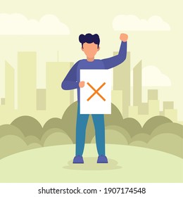 Protest man holding banner with cross design, Manifestation activist and demonstration theme Vector illustration