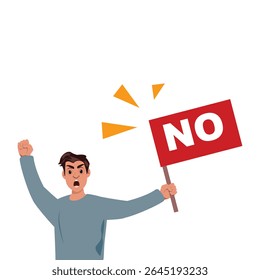 Protest man holding red NO sign, raised fist, demonstration, activism, vector illustration, social movement, resistance