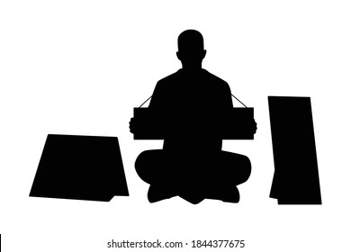 Protest man with label board silhouette vector on white
