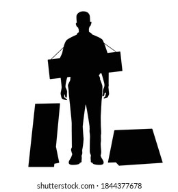 Protest man with label board silhouette vector on white