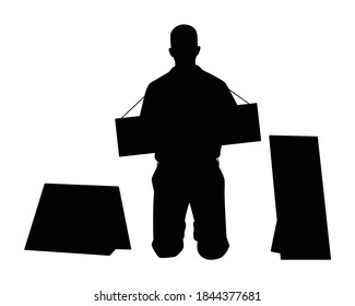 Protest man with label board silhouette vector on white