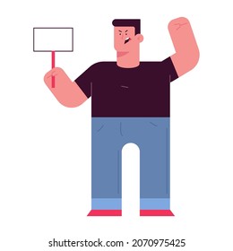 Hombre de protesta con personaje de caricatura vectorial de cartón de signos aislado en un fondo blanco.