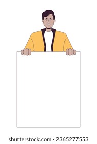 Carácter vector de color de línea plana de la marcha de protesta. Manifestación pública de hombres indios. Medio cuerpo del contorno editable persona en blanco. Ilustración simple de dibujos animados para el diseño gráfico web