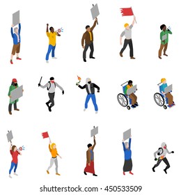 Protest march rally and static nonviolent demonstration participants with  streamers isometric icons set abstract isolated vector illustration