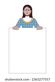 Protest marching flat line color vector character. Sad woman holding blank. Slogan. Editable outline half body person on white. Simple cartoon spot illustration for web graphic design