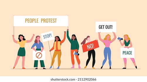 Protest mass event flat background with female protesters holding placards and megaphones vector illustration