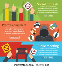 Protest meeting banner horizontal concept set. Flat illustration of 3 protest meeting vector banner horizontal concepts for web