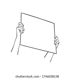 Protest meeting hands holding blank sign board. Vector sketch, Hand drawn illustration