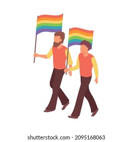 Protest meeting isometric composition with characters of men holding lgbt flags vector illustration