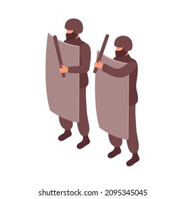 Protest meeting isometric composition with characters of special force police officers vector illustration