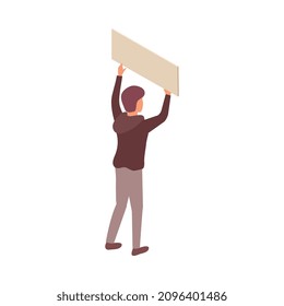 Protest meeting isometric composition with characters of man holding placard vector illustration