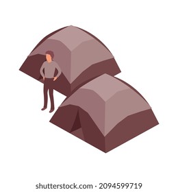 Protest meeting isometric composition with images of tents with protester character vector illustration