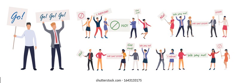 Protest meeting set. Activists holding Stop and No placards. Flat vector illustrations. Activism, democracy concept for banner, website design or landing web page