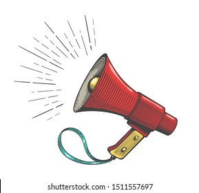 Protest megaphone vector icon. Vintage colour loudspeaker hand drawn illustration, bullhorn sketch for manifestation broadcasting concepts