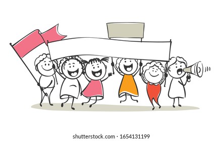 Protest on International  women's day. Vector illustration, funny peoples with banners