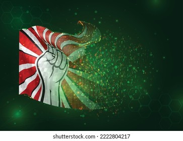 Protest, on vector 3d flag on green background with polygons and data numbers