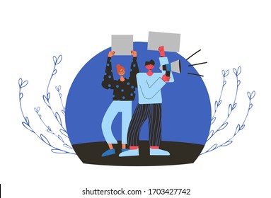 Protest pair. People holding placards. Persons standing together with blank banner and megaphone. Two characters with banners taking part in parade, picket, protests. Social activism. Vector 