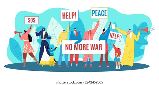 Protest for peace, demonstration against stop war, vector illustration. Man woman people character hold cartoon banner, crowd riot for international freedom.