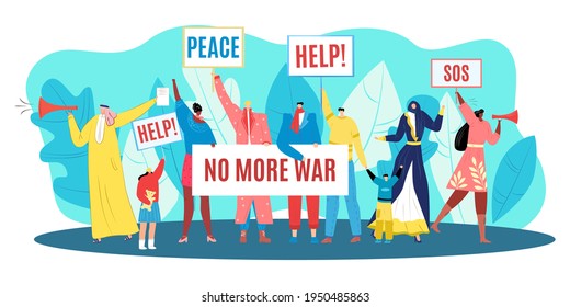 Protest for peace, demonstration against war, vector illustration. Man woman people character hold cartoon banner, crowd riot for international freedom.