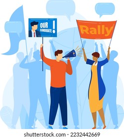 Protest people, banner crowd, group demonstration, freedom revolution, design, isolated white, cartoon style vector illustration.