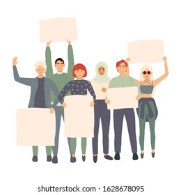 Protest people with big placard on demonstration. Vector illustration