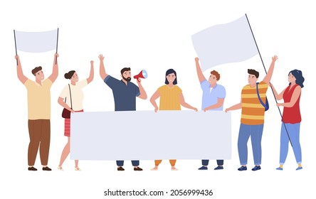 Protest people crowd activist holding blank banner vector flat illustration. Group active man and woman manifesting with empty signs and megaphone isolated. Street demonstration, protester, revolution