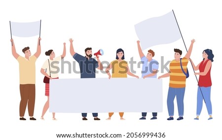 Protest people crowd activist holding blank banner vector flat illustration. Group active man and woman manifesting with empty signs and megaphone isolated. Street demonstration, protester, revolution